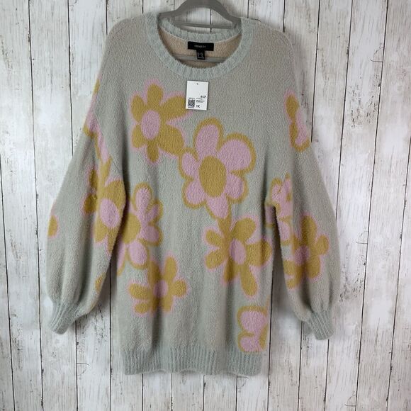 Forever 21+ Flower Power Sweater Sz 1X Long Sleeve Tunic Groovy 70’s Fuz… - Picture 1 of 10